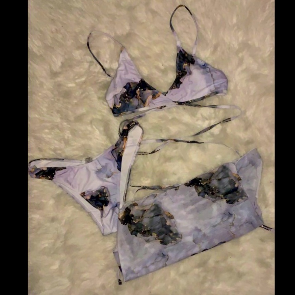 purple black and gold 3 piece marble bikini set